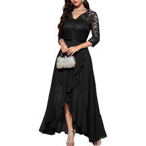 Women's Black V-Neck  Hi-Lo Floral Lace Prom Cocktail Party Formal Dress